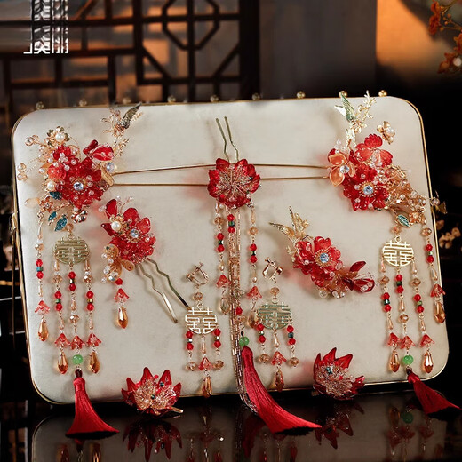 Fat Donglai's same style Xiuhe tiara bridal tiara Chinese style red ancient style Hanfu Xiuhe suit with glazed flower hanging between eyebrows Xiuhe tiara set (ear clip style)