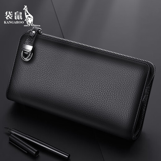 Kangaroo handbag genuine leather wallet men's long anti-theft clutch bag first layer soft cowhide large capacity clutch bag new simple black