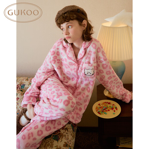 果壳（Gukoo）睡衣女冬季新款mikko毛绒保暖舒适豹纹女士家居服套装 玫瑰粉 M