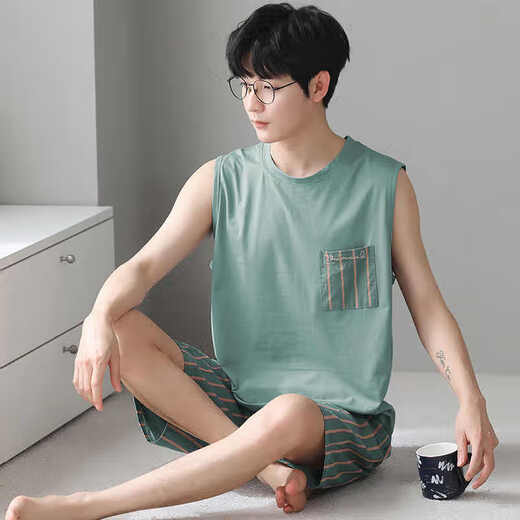 浪莎莫代尔睡衣男背心秋季薄款青年大码休闲家居服可外穿2件短裤套装 12023 L 建议95-120斤