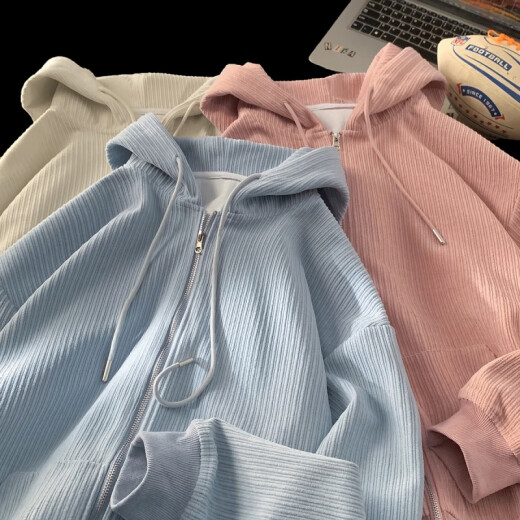 QGF corduroy letter strip cardigan sweatshirt for women spring new fashion Korean college style simple loose top jacket blue M