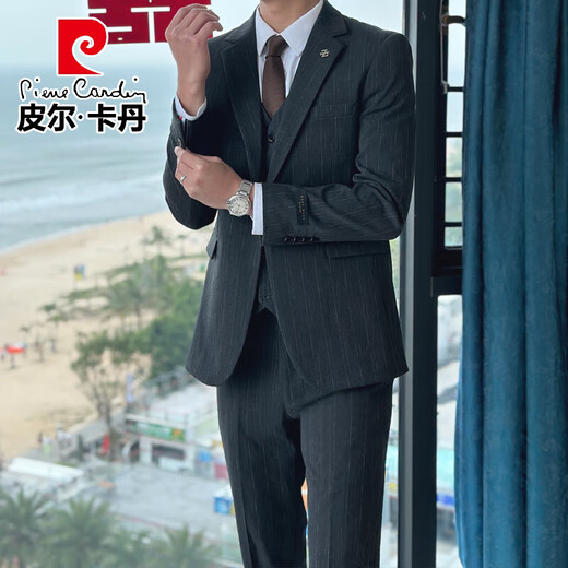 Pierre Cardin suit suit men's formal striped slim fit business casual handsome groom wedding suit suit men's knitted dress dark gray suit + trousers + vest + gift bag 52/XL