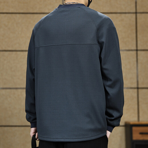 Yilang cool American classic textured striped sweatshirt for men 2025 autumn new trendy brand loose Henry collar long-sleeved bottoming shirt blue gray M suitable for 115-130Jin Jin equals 0.5 kg