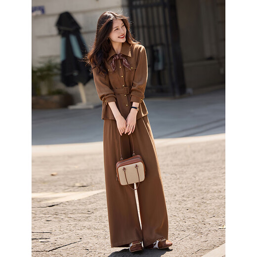 Awakening paradise, age-reducing and slimming, fashionable two-piece set, autumn fashion shirt jacket, straight wide-leg trousers, women's suit, Khaki S