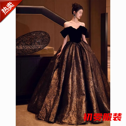 Mei An Jia Hepburn style evening dress women's one-shoulder slimming high-end light luxury banquet retro style art test skirt coming-of-age wedding photos black long style without bustle S