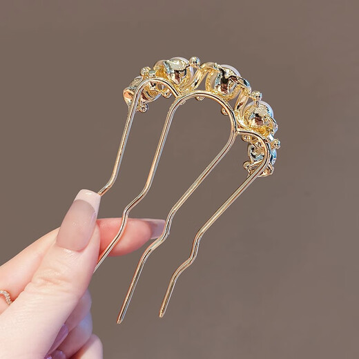 Two Worlds U-shaped golden hairpin for women, imitation pearl rhinestone wavy hair comb, elegant ball head, new Chinese style hairpin, French wavy hair comb