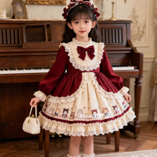Kafanli (KafanIi) Girls Lolita Princess Dress 25 New Children's Birthday Dress Western Style Baby Girl Dress Autumn and Winter Burgundy 265 Velvet No Accessories 130 cm