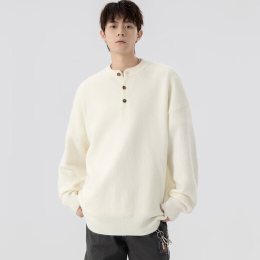 My Speed (WOOD SOON) Henry Collar Sweater Men's Autumn and Winter American Old Money Style Warm Knitted Sweater Loose Basics Bottoming Shirt Top Off-White XL