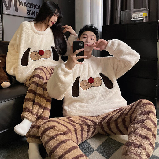 Gongdie Dachshund Couple Pajamas Autumn and Winter Coral Velvet Thickened Plus Velvet Men and Women Cute Cartoon Home Clothing Set H9991 2XL Women's Size Recommended Weight 140-160Jin Jin is equal to 0.5 kg