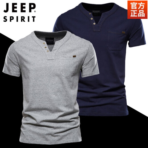 JEEP SPIRIT2025 new men's short-sleeved T-shirt pure cotton Henry open collar small v-neck top solid color slim bottoming shirt men's summer black 100% cotton XL weight recommendation 153-170Jin Jin equals 0.5 kg