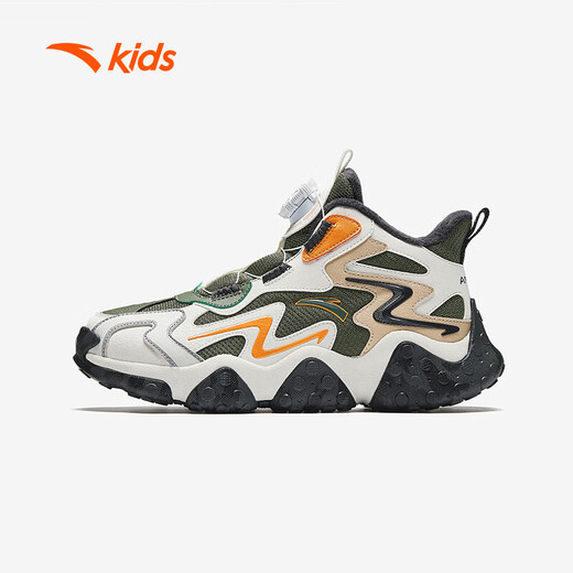 ANTA Children's Cotton Shoes Men's Big Children's Shoes 2024 Winter Plush Warm Knob Buckle Snow Non-Slip Rock High Top Cotton Boots Jet Green/Ivory White/Oatmeal Gray-2 34