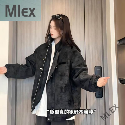 MLEXPLQV2025 Autumn and Winter Cotton PU Leather Jacket Chinese Style Casual Men's Jacket Versatile Stand Collar Couple Tie Dye Navy Blue Cotton L