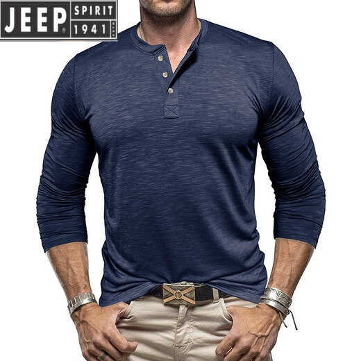 JEEP SPIRIT European and American tough guy Ami khaki American retro loose T-shirt cotton Henry collar long-sleeved inner layered shirt trendy men's military green XL