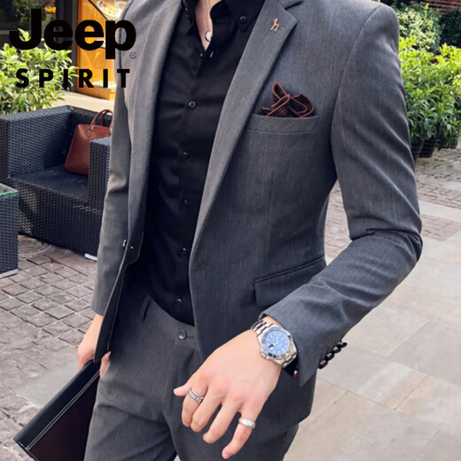 JEEP SPIRIT Korean style suit, handsome and trendy male wedding groomsmen dress host slim suit two-piece suit 109 dotted stripe black three-piece suit = suit + vest + pants S (suitable for 95-105 Jin Jin equals 0.5 kg)