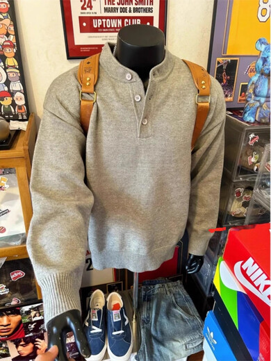 QGF Henry collar gray cleanfit sweater men's autumn lazy style polo sweater American sweatshirt jacket light gray XL recommended 110-130Jin Jin equals 0.5 kg