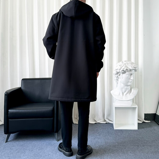 ROMON windbreaker jacket men's mid-length velvet thickened men's coat casual hooded handsome business black XL