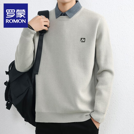 ROMON 2026 new light luxury autumn and winter men's velvet thickened shirt collar sweater with warm fake two-piece sweater 8801 light gray regular style XL recommended 135-150Jin Jin equals 0.5 kg
