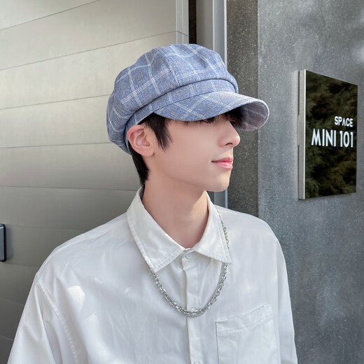 Woodpecker (TUCANO) Hat Men's Summer Trendy Brand Painter Hat Literary Thin Octagonal Hat Men's British Retro Beret Peaked Cap Plaid Blue One Size One Size