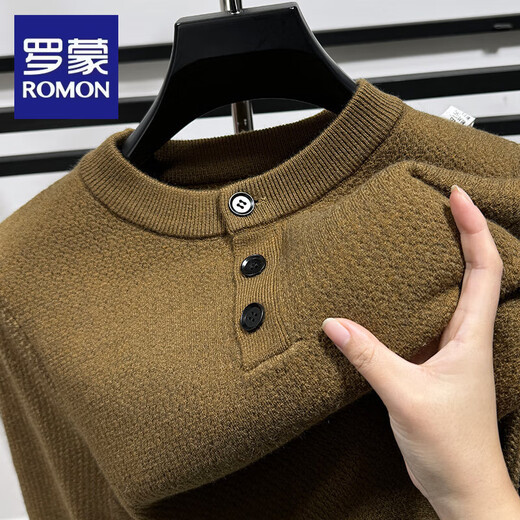 ROMON high-end one-piece velvet Henry collar plus velvet thickened long-sleeved sweater for men winter round neck warm knitted bottoming shirt solid color gray M