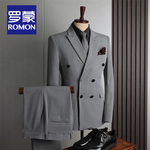 ROMON suit men's British style double-breasted business casual suit three-piece groom's wedding dress small suit men's black two-piece suit (suit + pants) 54/2XL size, free brooch + pocket square