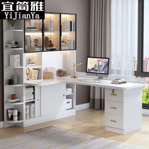 Solid wood corner desk bookcase bookshelf combination study room light luxury office computer desk home writing and study table A computer desk 120*60*195 solid wood gray does not include sensor lights