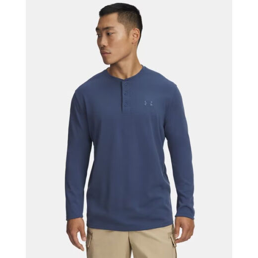 Under Armor Men's Sports and Fitness T-Shirt Long Sleeve Henley Shirt Sweat-absorbent and Breathable Running Exercise Infrared Lining Anti-Odor Nu Blue - 418 S Suitable for bust 86-94cm