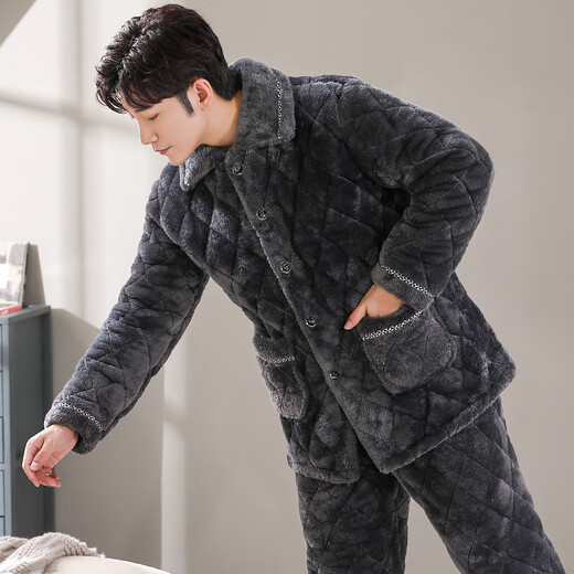 
Modallo men's pajamas in winter coral velvet three-layer cotton thickened velvet autumn and winter flannel warm home clothing set C9903# blue men's milk velvet L 100-125Jin[Jin equals 0.5 kg]