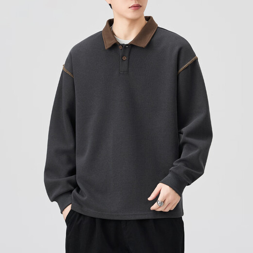 Baleno S&K Series Henley Collar Sweatshirt Men's 2025 Autumn New Loose Spring and Autumn Spliced Lapel Men's Long Sleeve T-Shirt 9605 Black L 120-140Jin Jin is equal to 0.5 kg