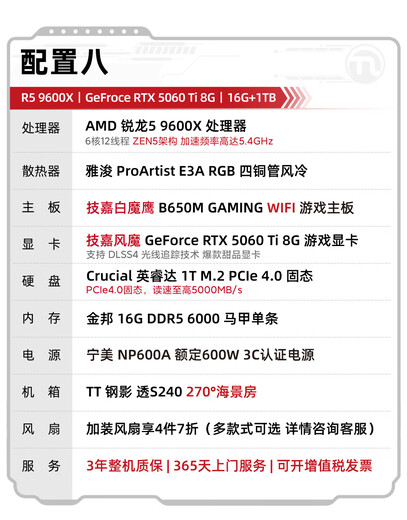 Ningmei AMD R5 9600X/RTX5060/7650GRE graphics card e-sports gaming desktop computer host design rendering DIY assembly computer assembly machine 9600X+5060Ti | Configuration eight