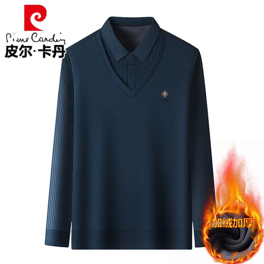 Pierre Cardin brand autumn and winter men's fake two-piece velvet collar striped casual pullover bottoming shirt men's top khaki 4XL 130-