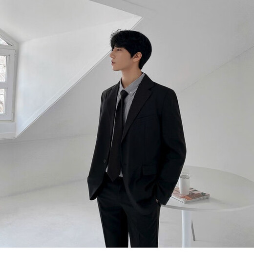 An Chuxia business professional formal casual suit men's spring and autumn Korean version slim small suit male student class uniform black suit + short shirt + black trousers + tie L Follow for free tie