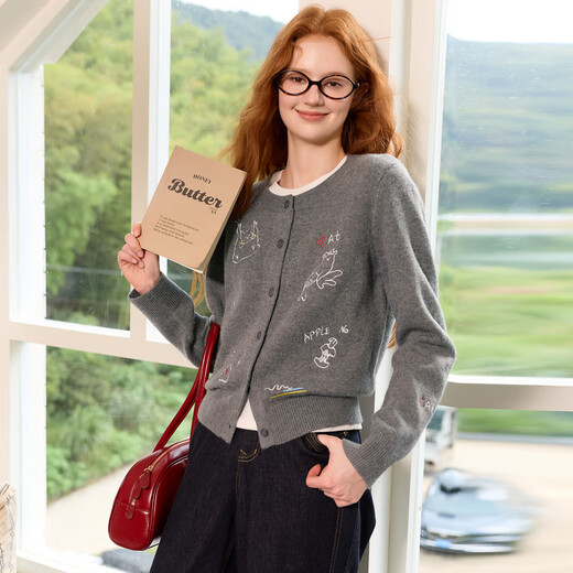 Sancai 2025 Winter New Embroidered Sweater Round Neck Sweater Long Sleeve Cardigan Premium Gray Casual M Rock Gray M 160/84A