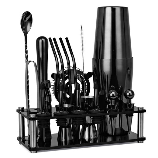 Acrylic set combination cocktail shaker bar stirring tool 20-piece set hand-cranked Boston shaker piano black Boston (750ML/600ML)