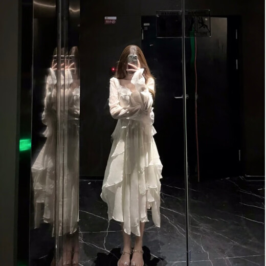 Yanlifen Französisch sanfte Stil weiß Chiffon Kleid Fairy Frühlingskleid Schöne unregelmäßige Geburtstagskleid M.