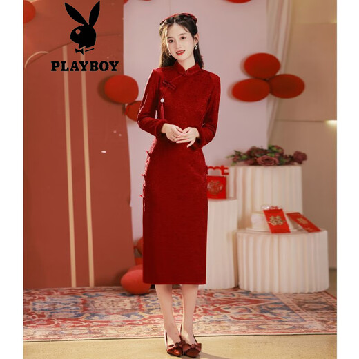 Playboy (PLAYBOY) Cheongsam Toast Wedding Bridal Wedding Burgundy Long Sleeve Chinese Young Style Engagement Dress Women Thickened Velvet Winter Burgundy Velvet Thickened Official Flagship Edition 2XL