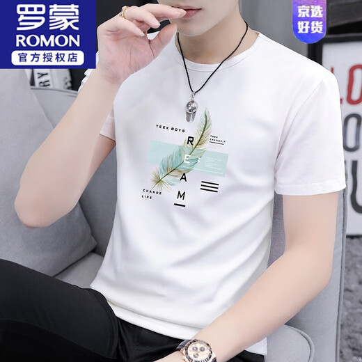 ROMON 2025 summer new men's round neck printed short-sleeved T-shirt trendy slim half-sleeved ice silk top men's T-shirt S2531 white L 115-130Jin Jin equals 0.5 kg
