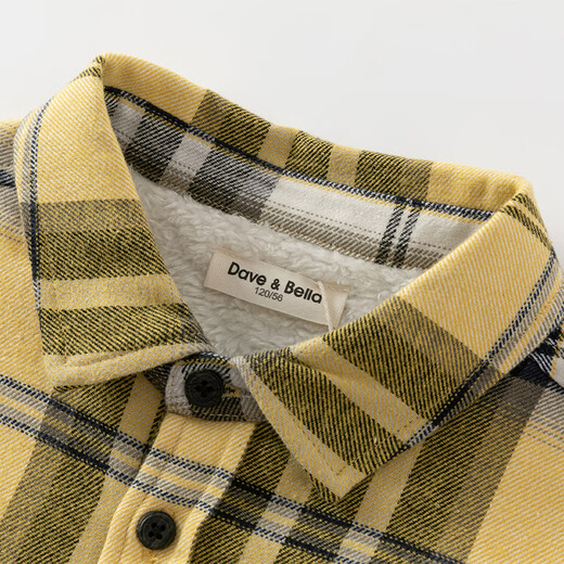 DAVE&BELLA children's shirts plus velvet medium and large children's shirts winter new little boy clothes boys plaid shirts large children's tops yellow plaid in stock 120 cm (recommended height 110-120cm)