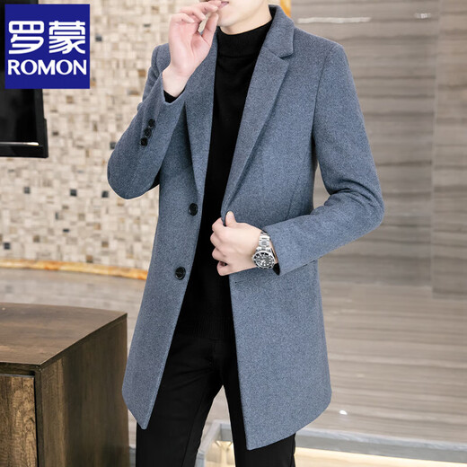 ROMON Woolen Woolen Coat Men's Slim Mid-Length Windbreaker Autumn and Winter Thickened New Woolen Men's Jacket Korean Version Black Thickened L