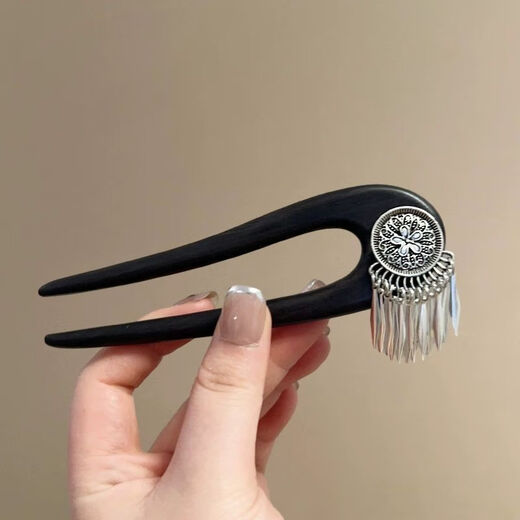 New Chinese style flower tassel double-plug hairpin for women, ancient style, high-end sandalwood hairpin, U-shaped hairpin, high-end headwear A