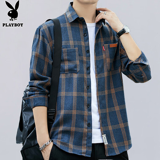 Playboy (PLAYBOY) long-sleeved shirt men's loose autumn and winter trendy plaid shirt men's casual shirt jacket yellow XL