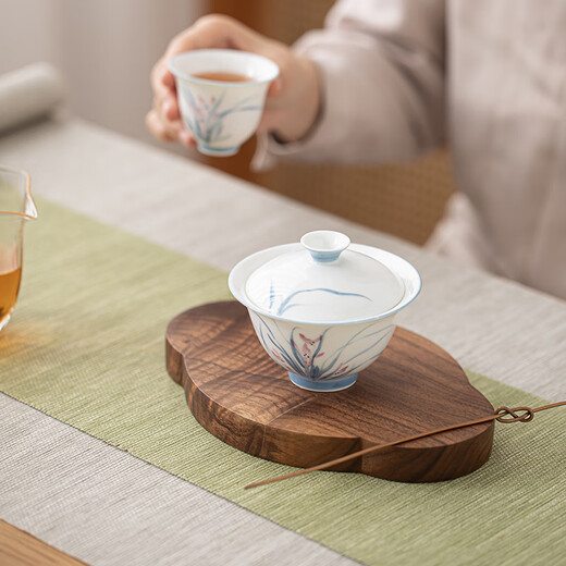 Su's Ceramics Hand-painted Mutton Fat Jade Porcelain Orchid Ercai Tea Bowl Works by Intangible Cultural Heritage Teacher Su Aizhen