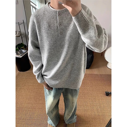 Zhiwei gray American Henry collar sweater men's autumn and winter high-end lazy style bottoming sweater cleanfit inner layer light gray XL