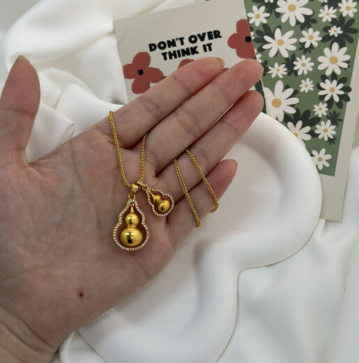 Fire Rose Wei Xue's same style copper-gold necklace, rotatable double-sided diamond-encrusted gourd pendant, stackable light luxury clavicle chain for girlfriend, large double-sided diamond-encrusted rotating gourd with necklace