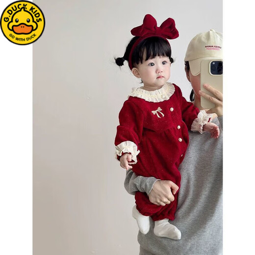 G.duck little yellow duck full moon baby clothes autumn and winter new onesie plus velvet bag fart clothing baby winter clothing 100-day dress guarantee red velvet onesie 59cm