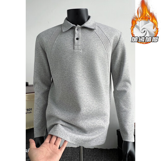 Pierre Cardin threaded splicing plus velvet Henry collar long-sleeved sweatshirt for men winter warm heavyweight polo shirt American style inner layering shirt white gray M