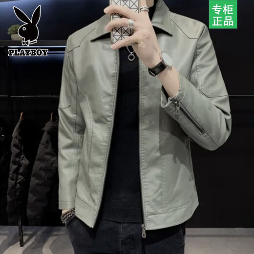 Playboy Leather Jacket Men's Autumn and Winter New Lapel Leather Jacket Trendy Slim Motorcycle Casual Korean Style Velvet PU Leather Jacket for Men 8898 Black Velvet L Recommended 110-125 Jin Jin equals 0.5 kg