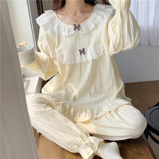 Pajama de tulx para el palacio de mujeres estilo Autumn Women's Sweet Sweet Small 2023 Nuevo algodón de manga larga Ropa para el hogar de primavera y otoño Color de albaricoque 6210#[33y] L 95-115Jin [Jin equivale a 0.5 kg]