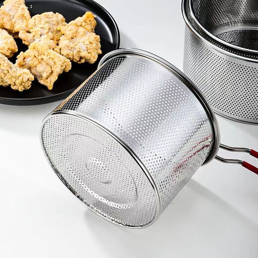 Tuzun 304 stainless steel frying basket, frying basket, cooking noodles, noodles, colander, frying basket, frying pan, spicy hotpot filter, removable silicone handle, diameter 14cm