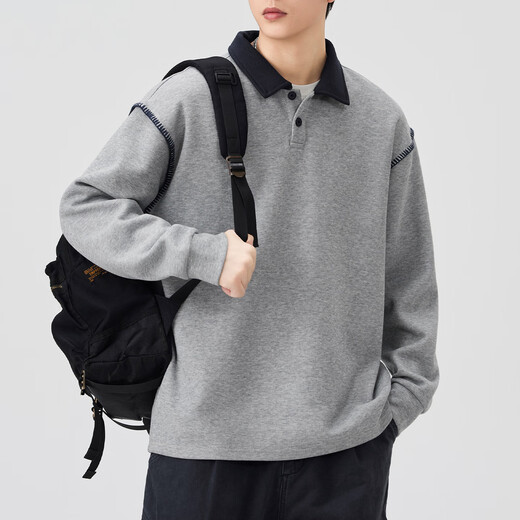 Baleno S&K Series Henley Collar Sweatshirt Men's 2025 Autumn New Loose Spring and Autumn Spliced Lapel Men's Long Sleeve T-Shirt 9605 Black L 120-140Jin Jin is equal to 0.5 kg