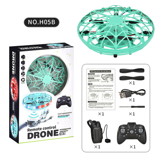 Neues intelligentes UFO-Flugzeug mit fliegender Untertasse, Induktionsflugzeug, gestengesteuertes vierachsiges Drohnen-Kinderspielzeugflugzeug, cyanfarbenes UFO + Fernbedienung + Uhrenfernbedienung (coole Lichter)